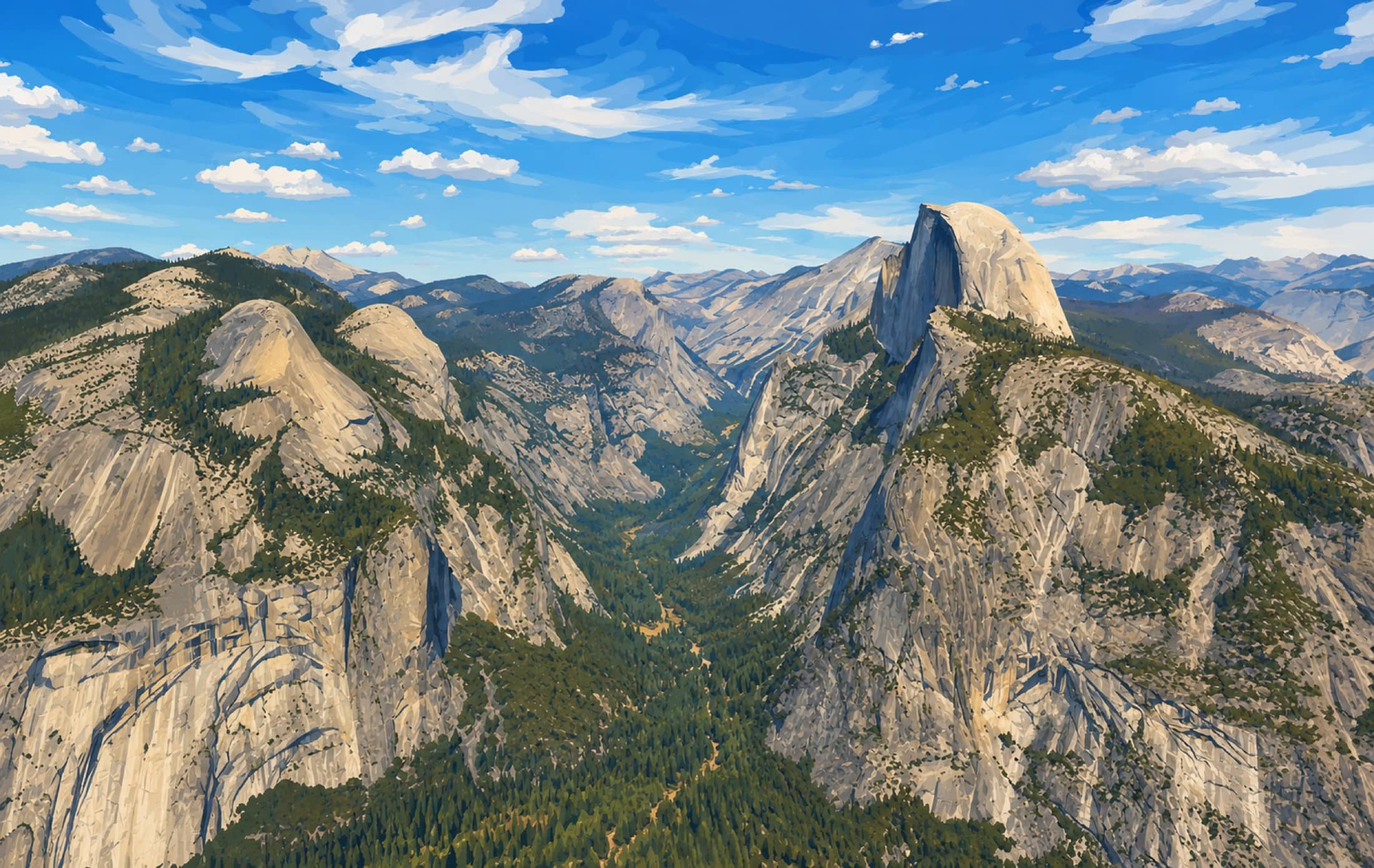 Illustrated Yosemite Valley and Half Dome panorama