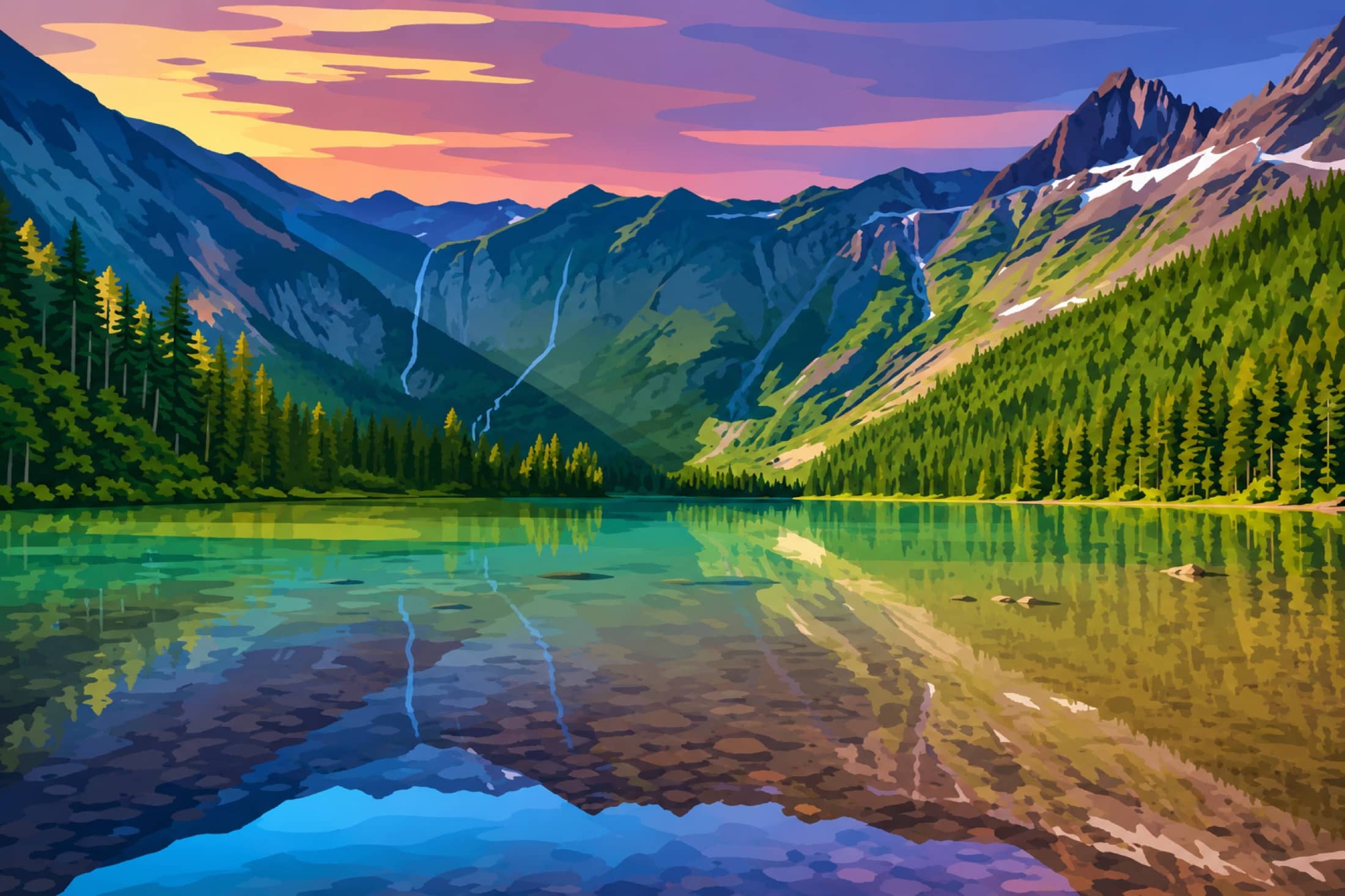 Illustrated Glacier National Park alpine lake and mountains