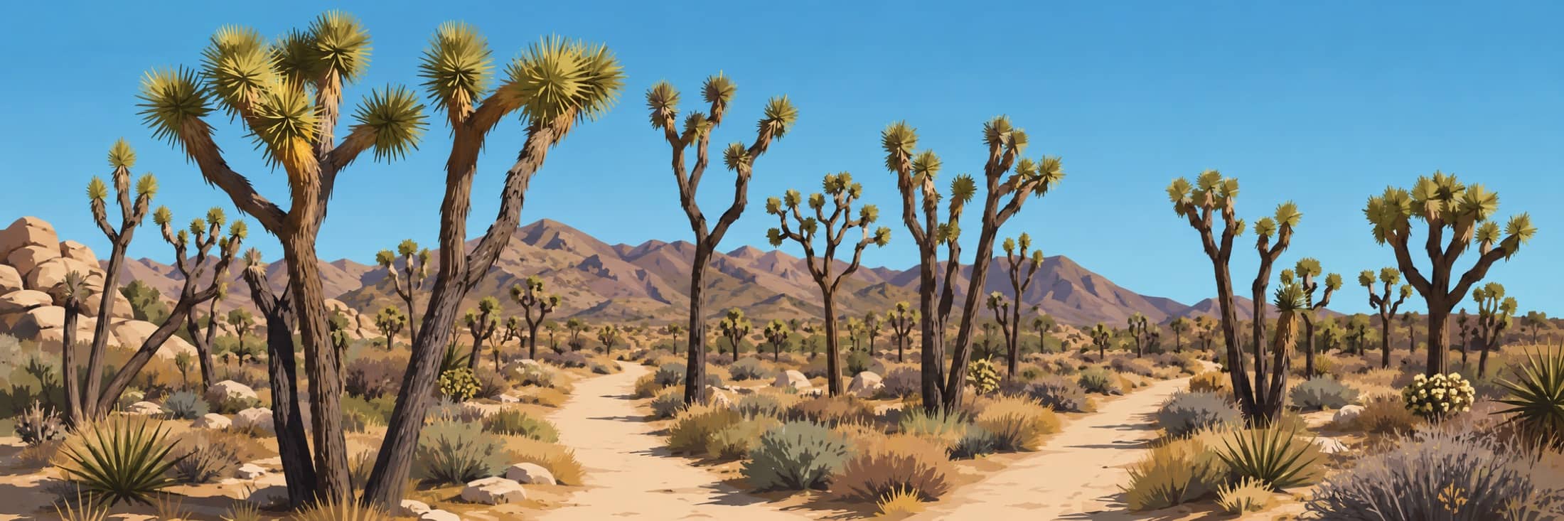 Illustrated Joshua Tree desert with yucca trees and sandy trails