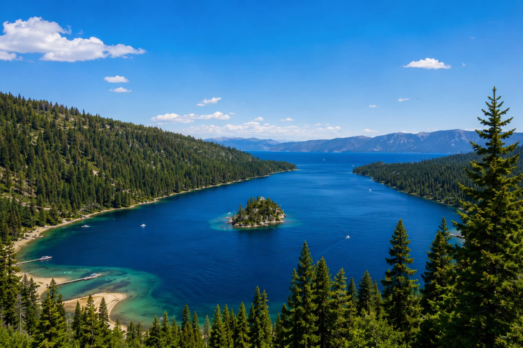 Lake Tahoe blue water and forested shoreline